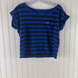 Hollister California‎ Juniors Small Blue Black Striped Cap Sleeve Tshirt Relaxed